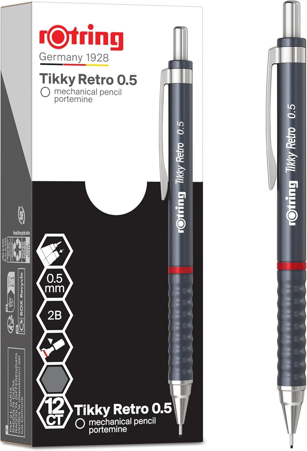 Portaminas retro Tikky de rOtring | 2B de 0,5 mm, corpo cinzento, aderência ondulada, 12 unidades