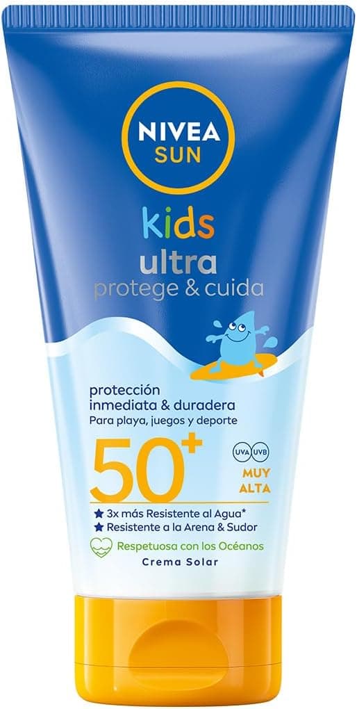 NIVEA SUN Kids Ultra Protege & Cuida FP50 Creme solar para crianças a partir dos 3 anos (150 ml), protetor solar impermeável, creme hidratante com proteção solar UVA & UBV