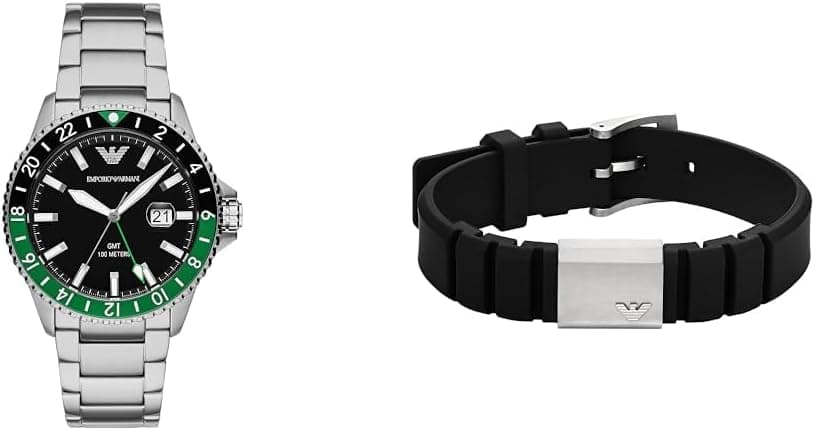 EMPORIO ARMANI Relógio para homem de aço inoxidável prata e pulseira de silicone preto