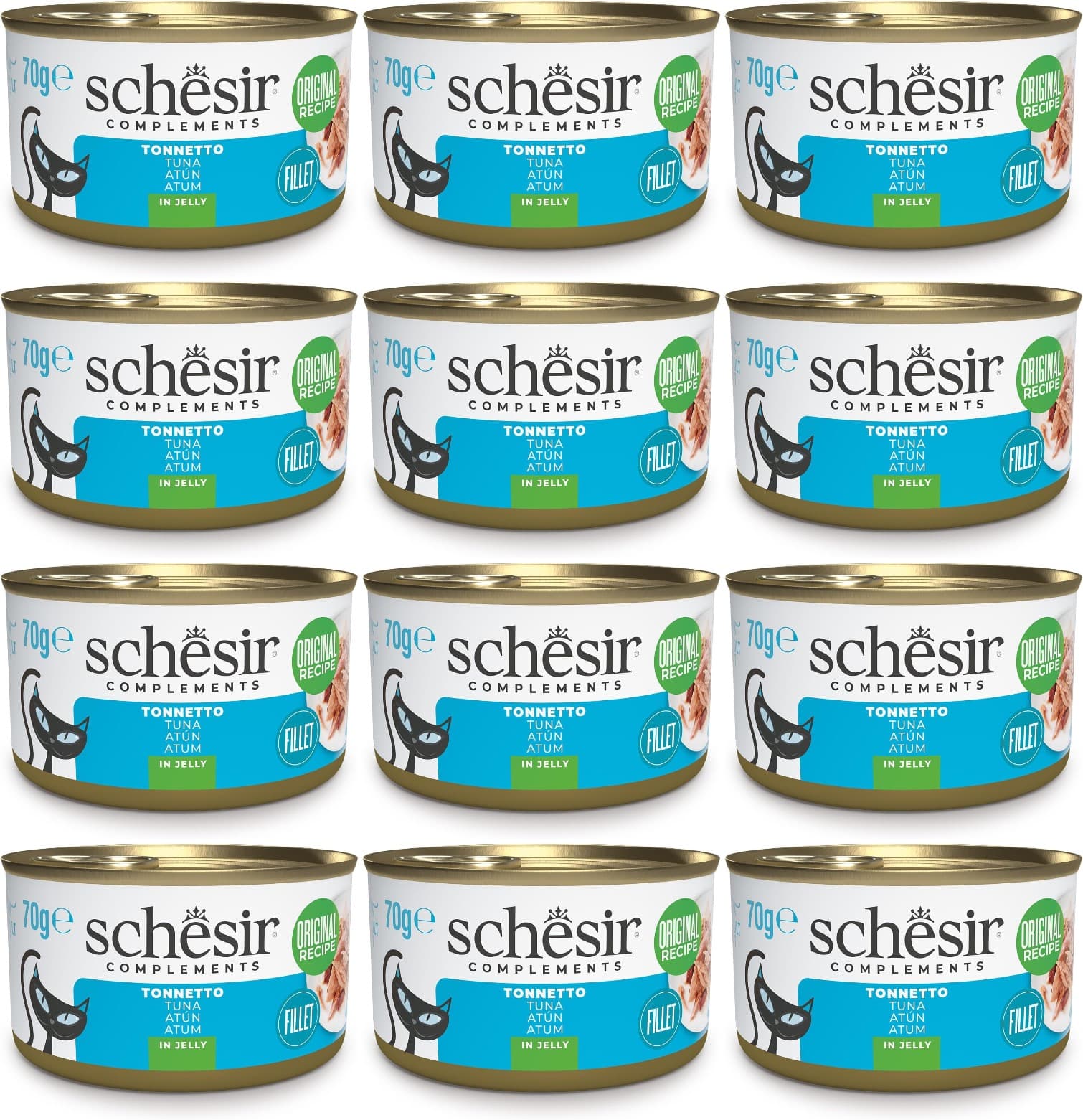 Schesir, Filetes de atum em gelatina, comida húmida complementar para gatos, em latas, receita original, 100% natural, 12 x 70 g