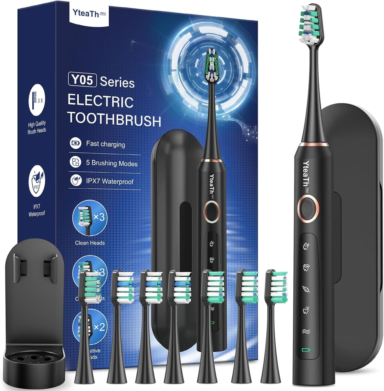  Clique para ver a vista completa Escova de dentes elétrica sónica para adultos - escova elétrica sónica com 8 cabeças e estojo de viagem, 5 modos, IPX7 impermeável, escova de dentes elétrica de viagem recarregável, preta
