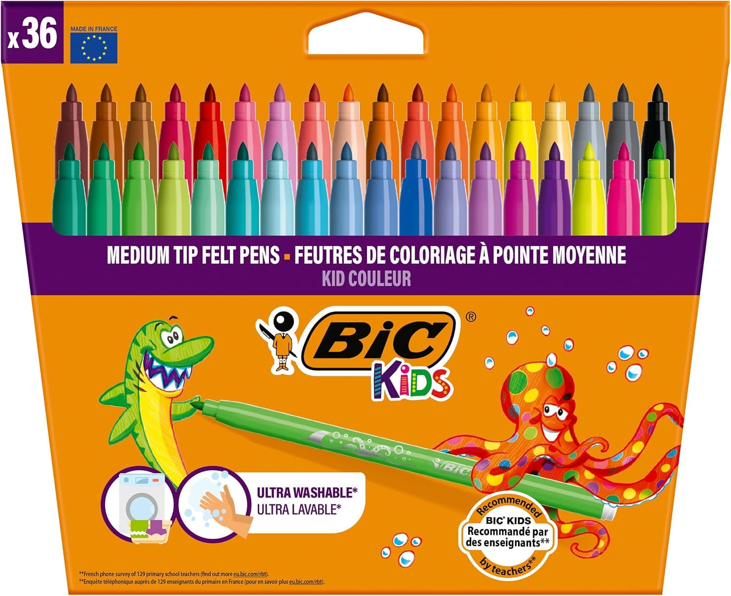 BIC Kids Kid Couleur, marcadores laváveis para crianças, ponta média, cores sortidas. Ideais para atividades criativas. Estojo de 36 marcadores