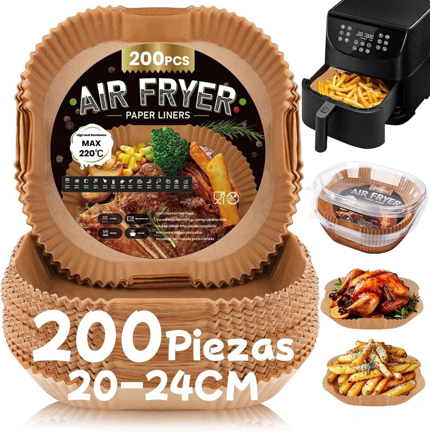 200 peças papel para fritadeira de ar 5 - 8 l, papel de ar quadrado 20 - 24 cm, papel de fritar ar descartável anti-aderente para forno micro-ondas, perfeito para COSORI Cecotec 5,5 6 L