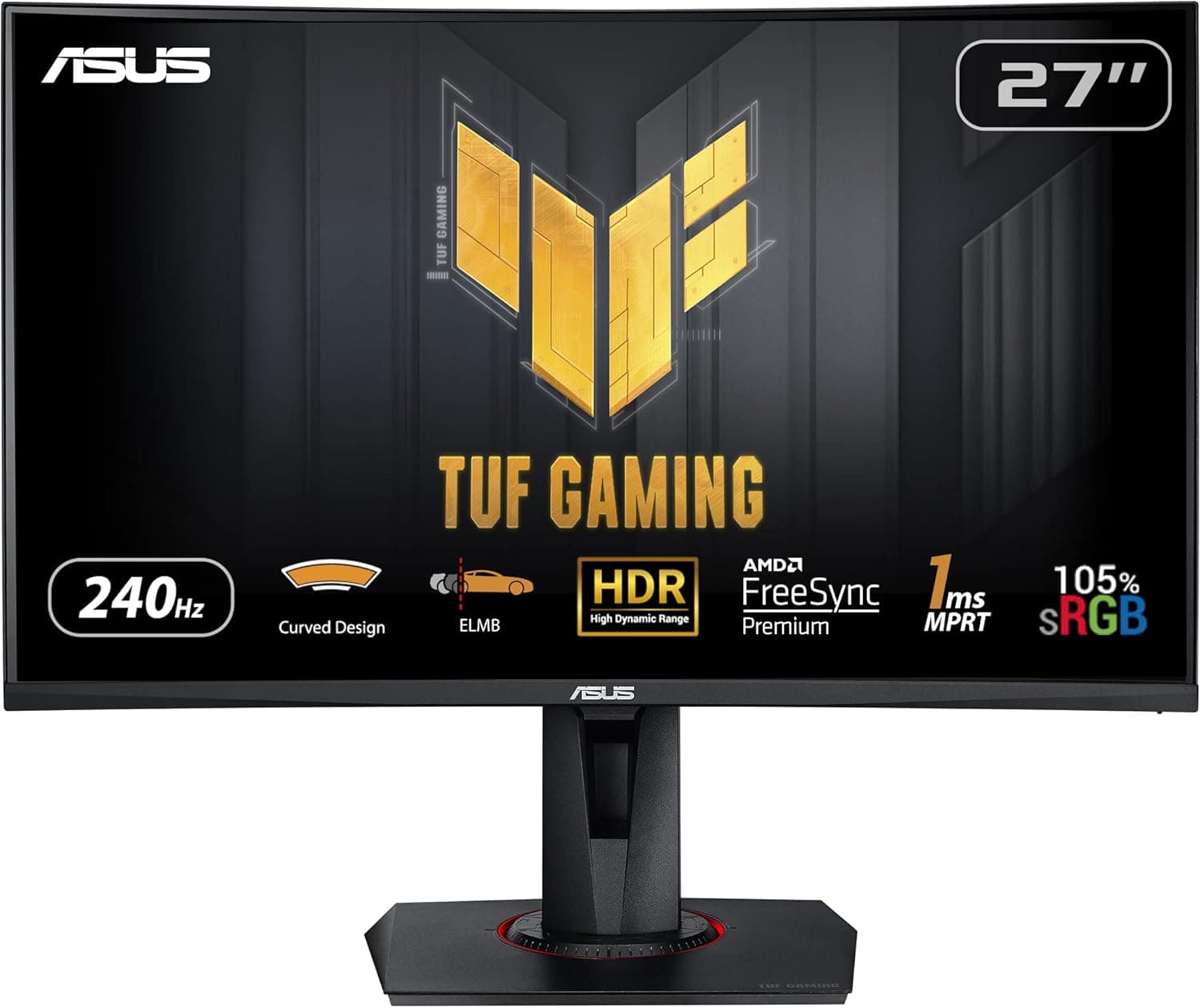 ASUS TUF Gaming VG27VQM Monitor de gaming curvo (27 polegadas, Full HD (1920 × 1080), 240 Hz, Extreme Low Motion Blur, Adaptive-Sync, FreeSync Premium, 1 ms (MPRT))