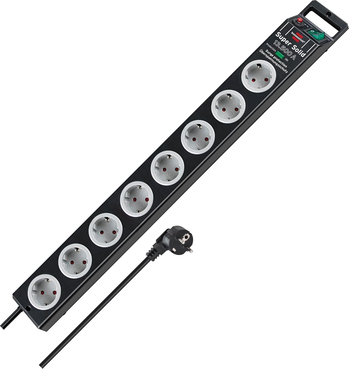 Brennenstuhl Super-Solid extensão tomadas com 8 tomadas e proteção contra picos de tensão até 13,500 A (com cabo de 2,5 m e interruptor, extensão elétrica de policarbonato inquebrável) preto/cinzento
