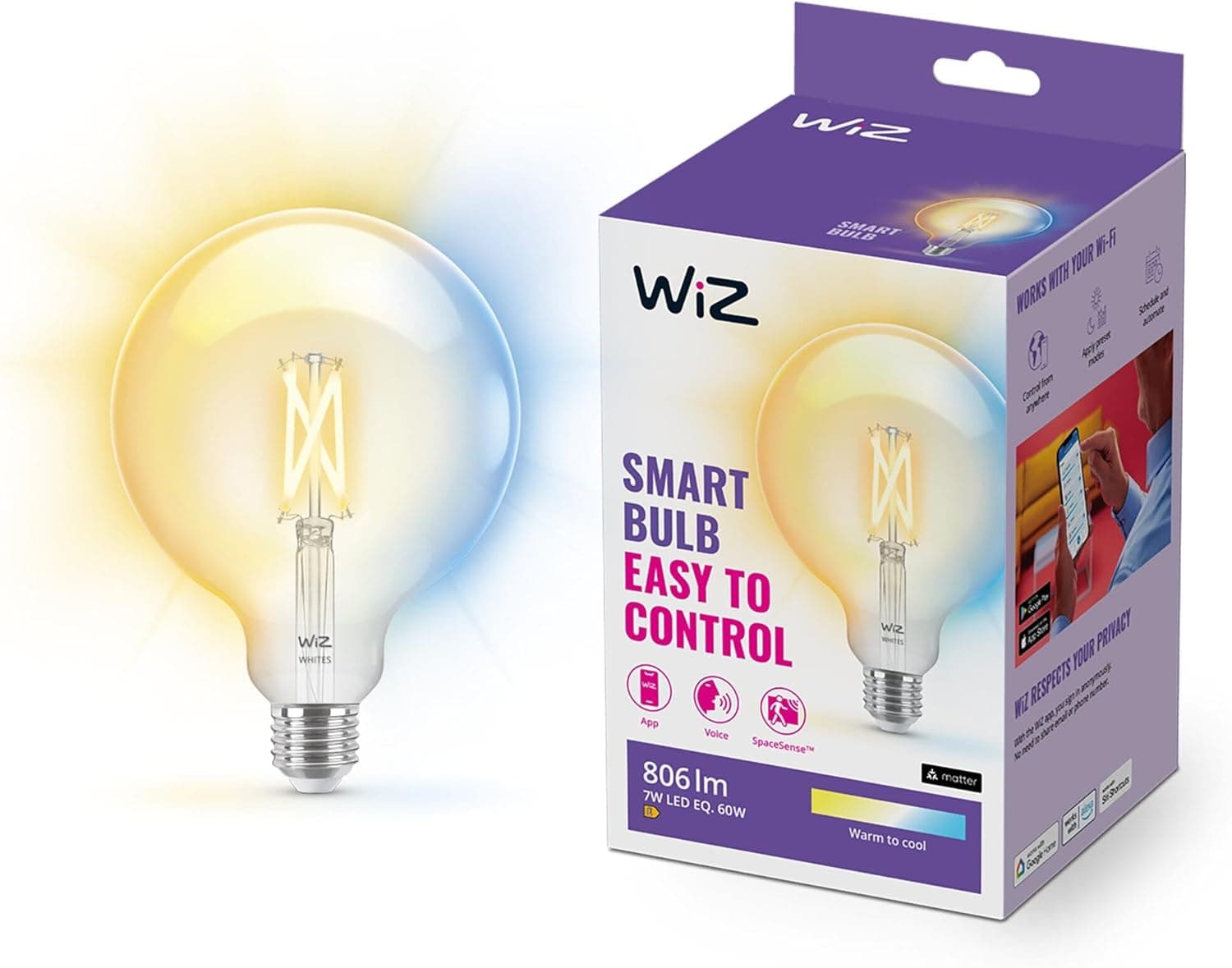 WiZ - Lâmpada LED inteligente Wi-Fi, tipo balão G125 6,7 w (Eq. 60 W) E27, luz branca quente e fria regulável, com tecnologia SpaceSense e compatível com Alexa e Google Home 