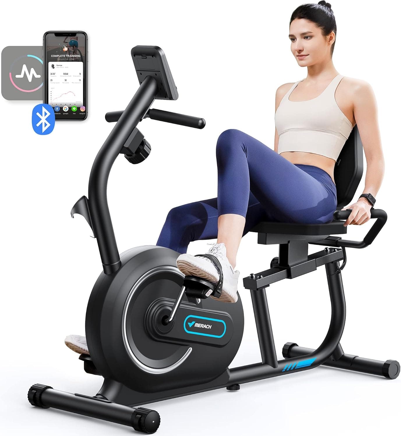 MERACH Bicicleta estática, bicicleta estática magnética com 8 níveis de resistência ajustáveis, bicicleta reclinada com ecrã LCD, guiador de frequência cardíaca, capacidade de carga de 136 kg