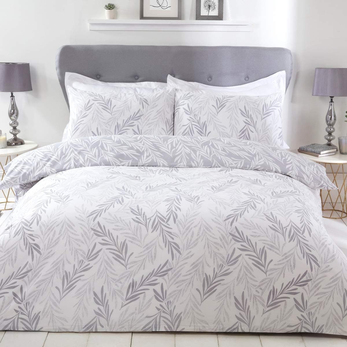 Sleepdown Trailing Leaf Conjunto de capa de edredão reversível de polialgodão de fácil cuidado, design floral, cinzento e branco, tamanho duplo (200 cm x 200 cm), duplo