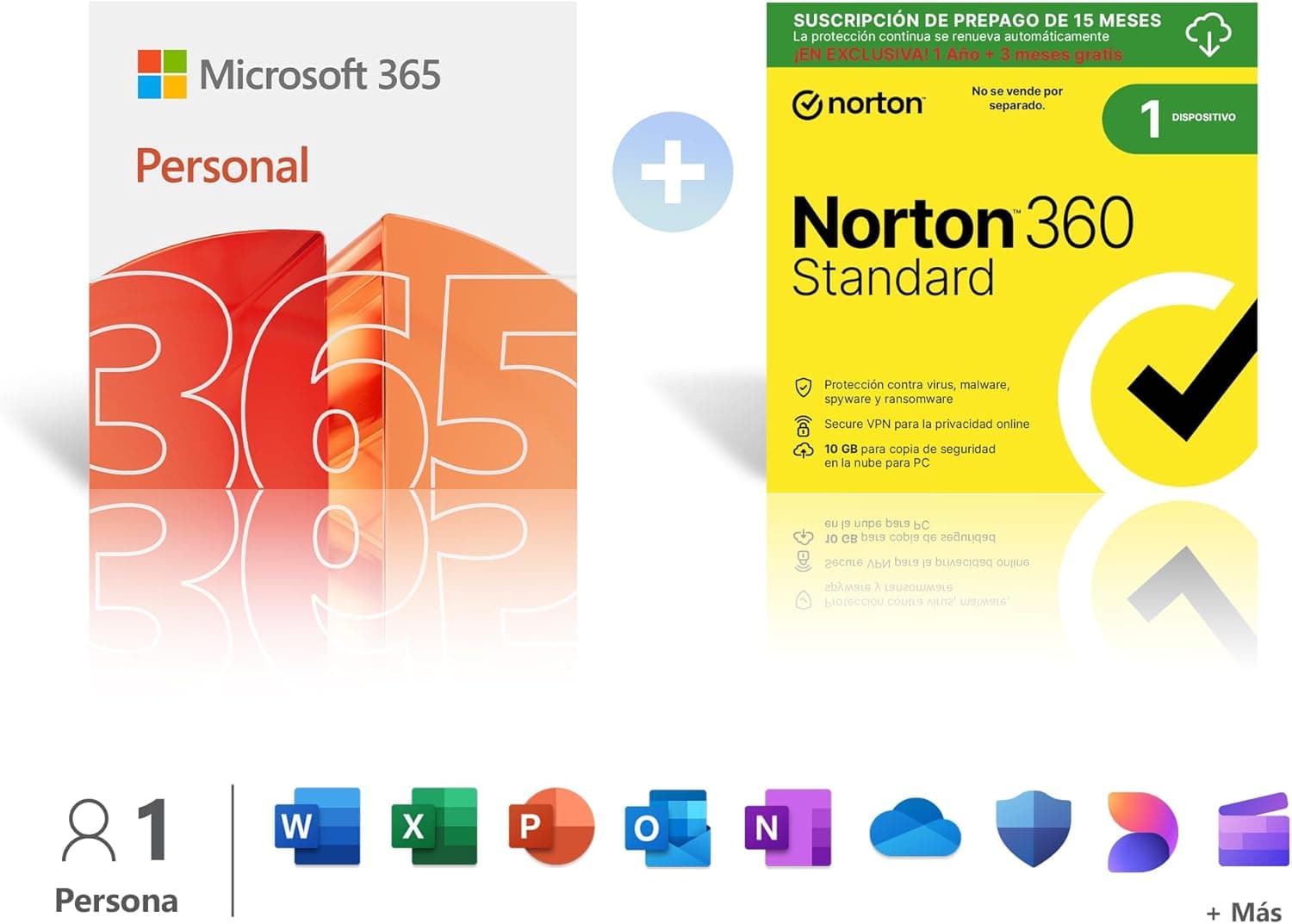 Microsoft 365 Personal │ 12 meses │ 1 persona │ Apps Office con IA + Norton 360 Standard |Antivirus 1 Dispositivo|15 meses con renovación automática| Descarga digital