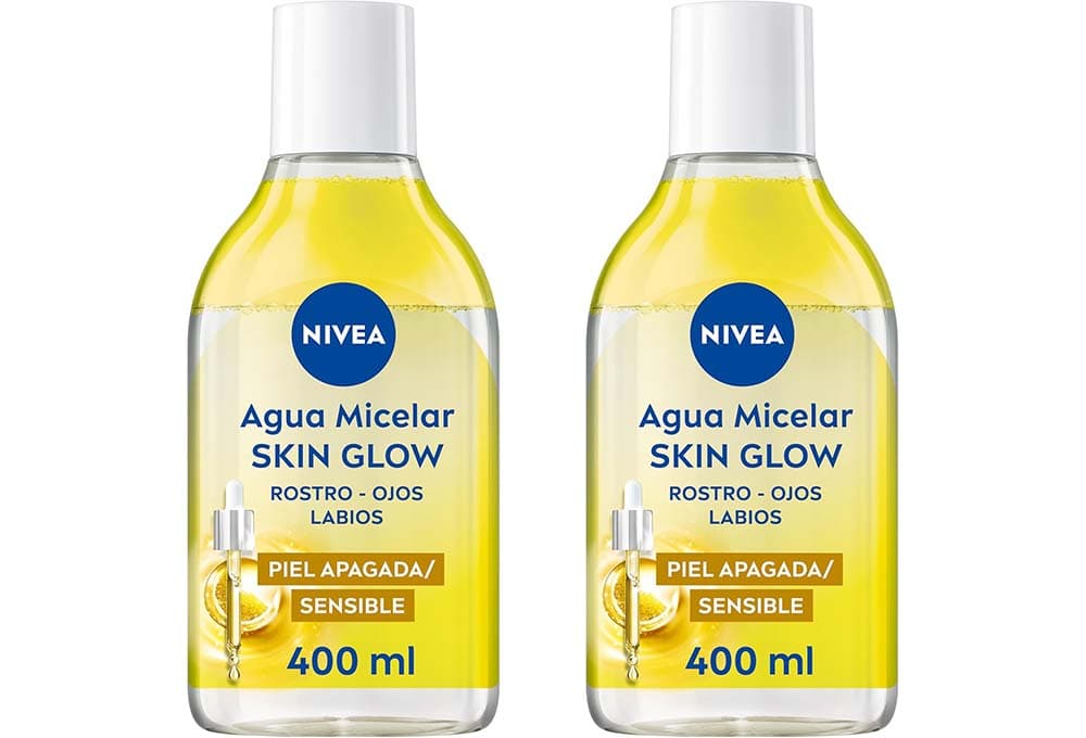 NIVEA Água Micelar Skin Glow, gel de limpeza facial com 5% soro e ammino ácido complex, tónico facial para rosto, olhos e lábios, óleo desmaquilhante facial com vitamina C e E, 400 ml x 2