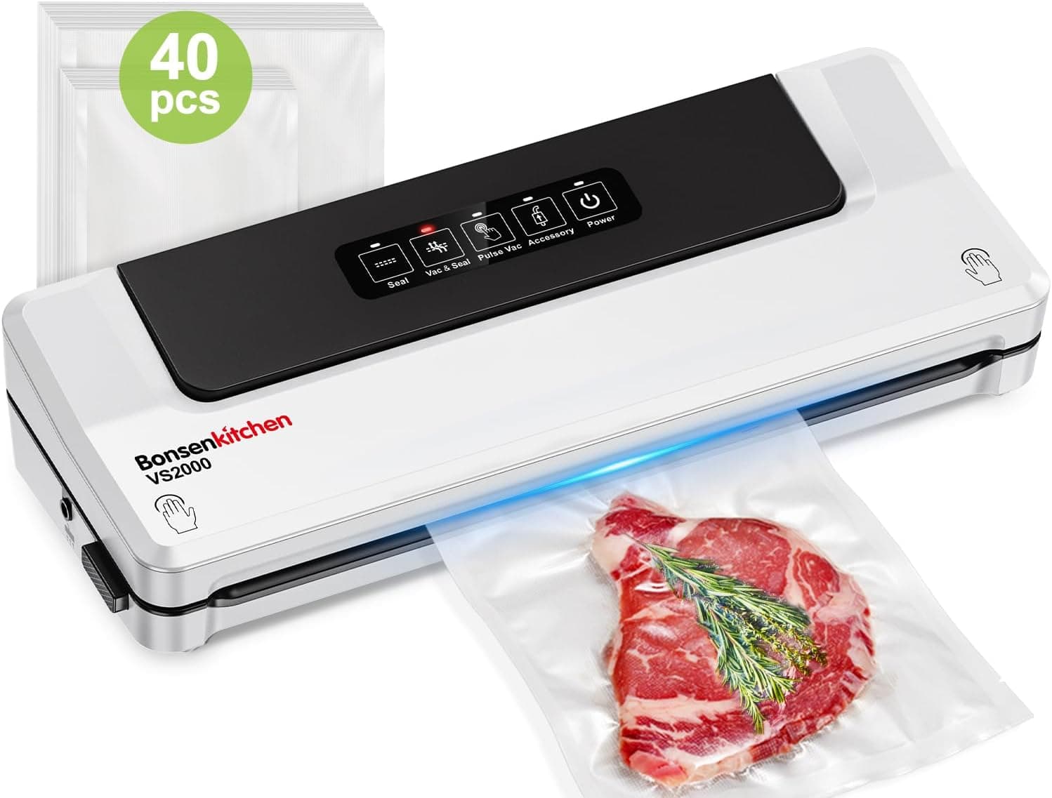Bonsenkitchen Embaladora a vácuo 4 em 1 para uso doméstico e comercial, máquina a vácuo de alimentos, incluindo 40 sacos (branco)