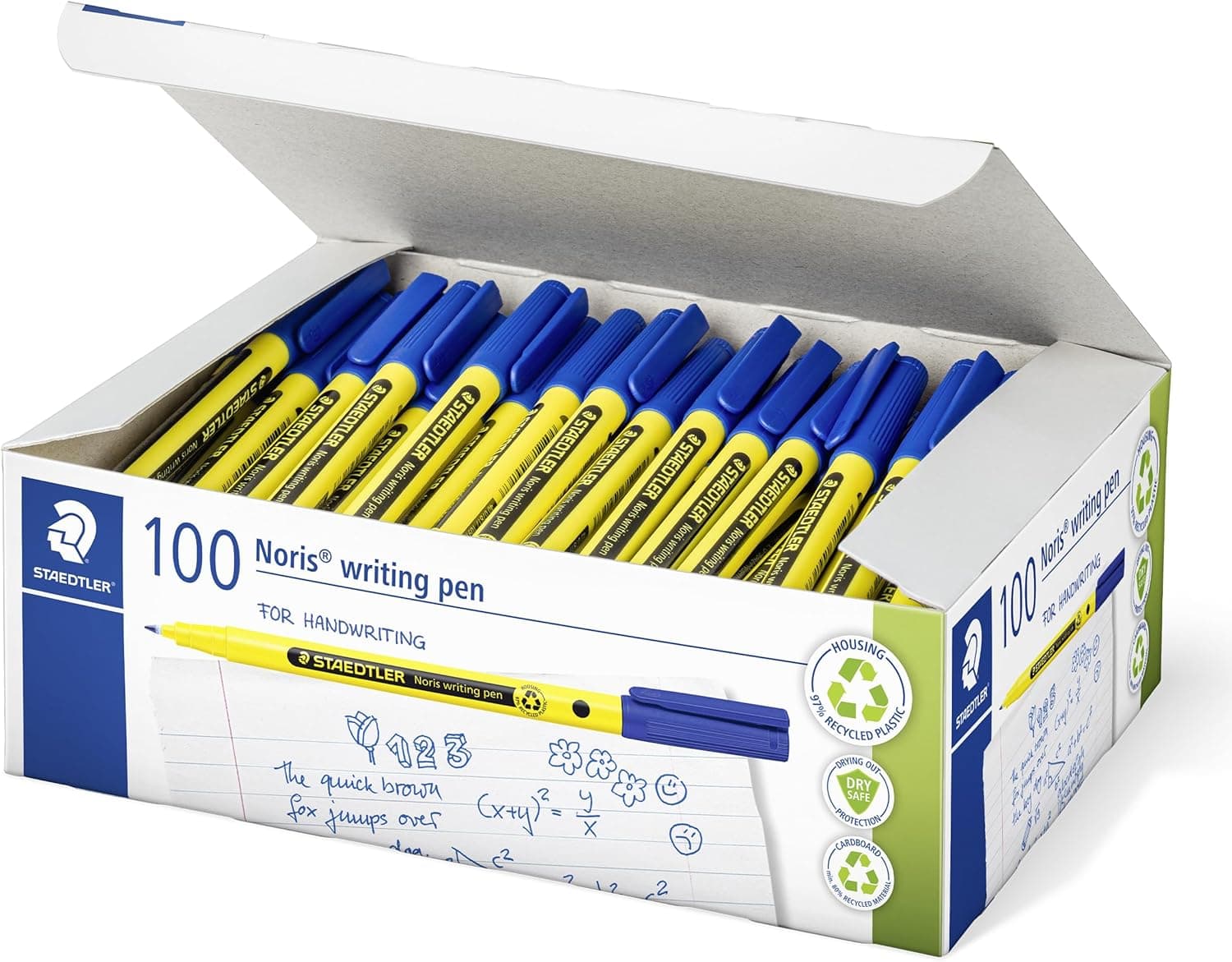 Staedtler Noris Writing Pen 307 Marcador de ponta fina (97% plástico reciclado de acordo com a norma ISO 14021, estojo escolar, 100 unidades, 307-3 C100), azul