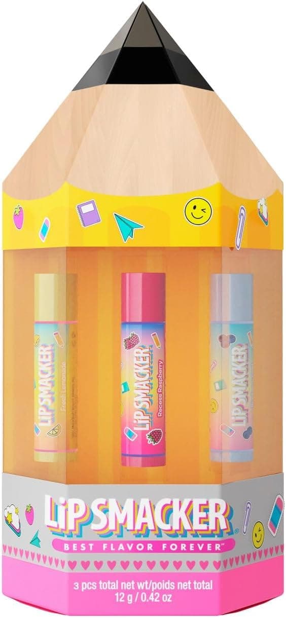 Lip Smacker, Back to School Collection, Pencil Box Lip Balm Trio, conjunto de 3 balões para crianças, conjunto de presente com o tema de volta ao Cole numa caixa em forma de lápis