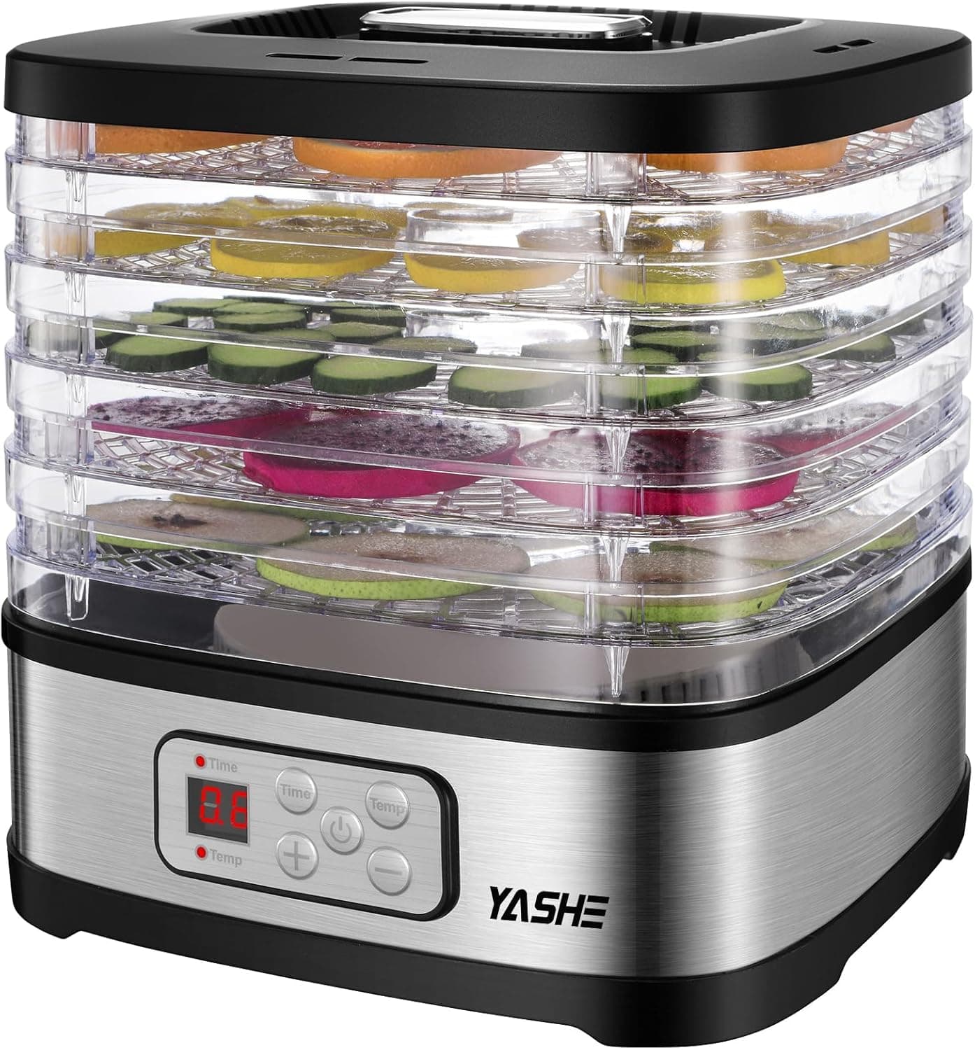 YASHE GGJ-261B Desidratador de alimentos, controlo de temperatura de 35 a 70 °C e temporizador de 72 horas, 5 bandejas de altura ajustável, desidratador de frutas e legumes, 240 Watts, sem BPA
