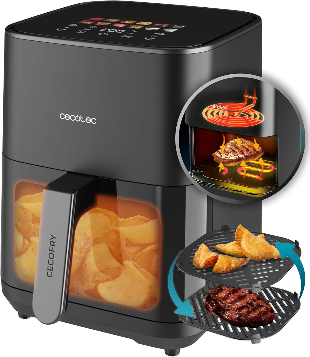 Cecotec Frigideira de ar sem óleo de 4 L com dupla resistência, ferro, cinzento, ar Fryer Cecofry&Grill Duoheat 4000. 1900 W, parede divisória móvel, temperatura regulável 40 - 200 °C, 10 menus