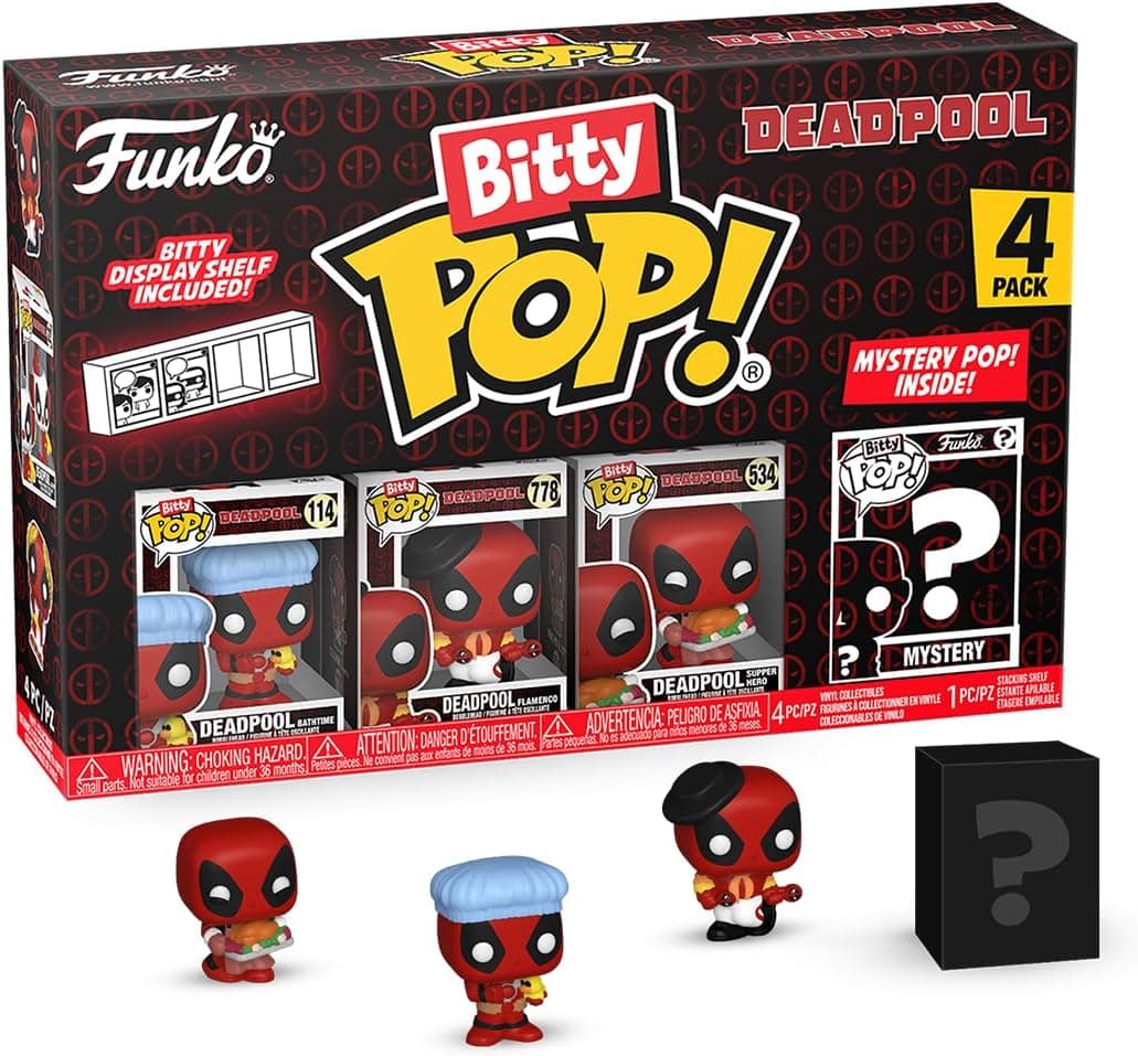 Funko Bitty Pop! Deadpool (Bathtime), Bitty Pop! Deadpool (Flamingo), Bitty Pop! Deadpool (Supper Hero) uma minifigura misteriosa surpresa - 0,9 polegadas (2,2 cm) - ideia de presente