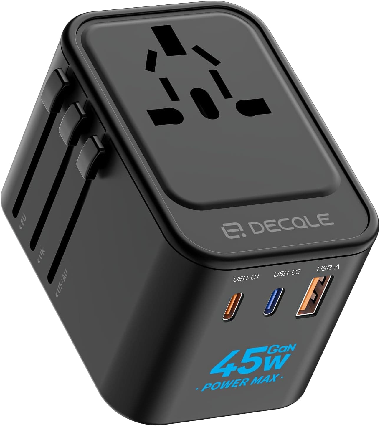 decqle Adaptador de tomada universal, adaptador de viagem com 2 USB-C (GAN 45W) e 1 USB-A, adaptador universal para UE, Reino Unido, americano, Canadá, Austrália e 224 país(preto)