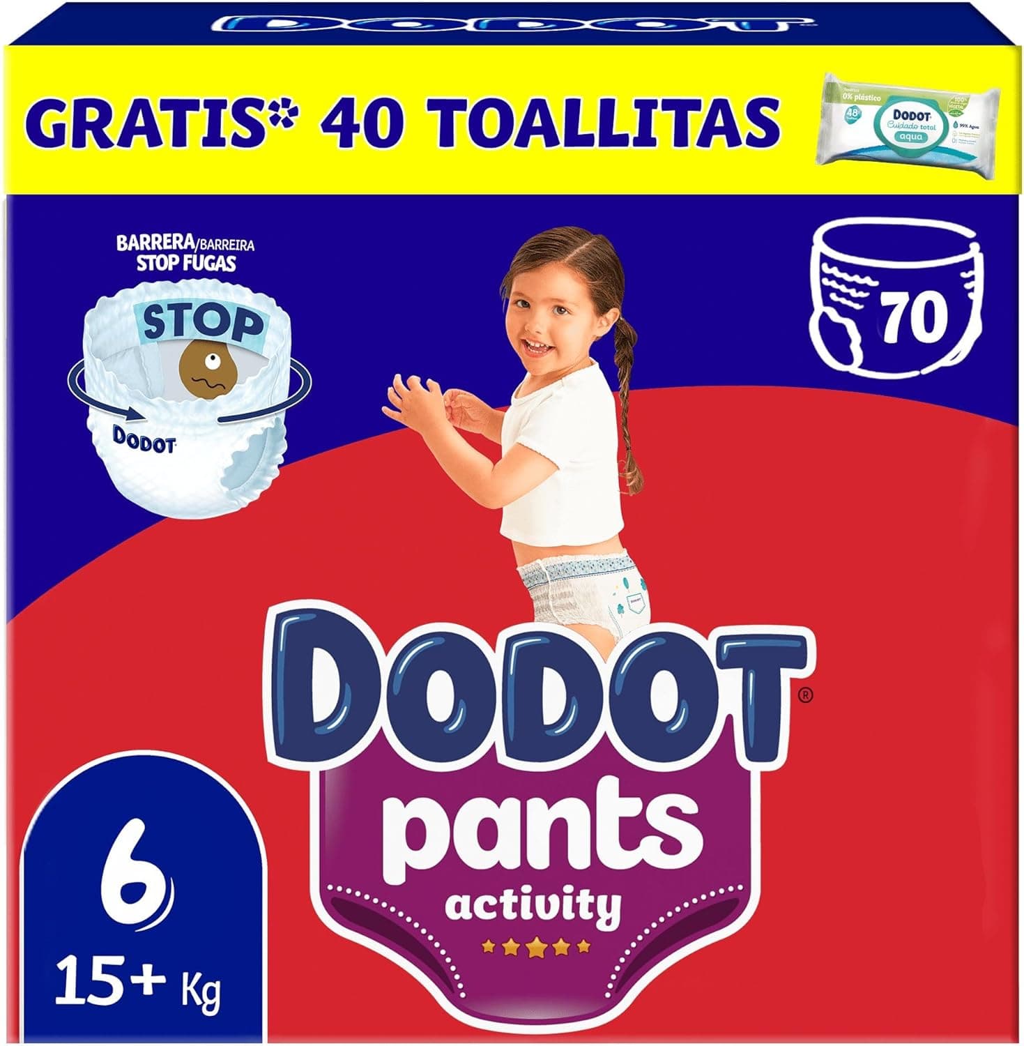 Dodot Activity Pants | Fraldas cueca tamanho 6 para bebés 14-19 kg com ajuste 360 anti fugas extra suave inclui 70 unidades e oferta de 40 toalhitas