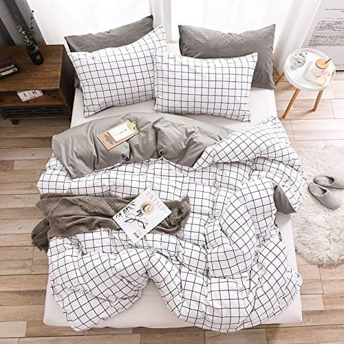 Capa nórdica de 140 x 200 cm, 100% algodão, branco e preto, quadriculados, conjunto de cama Aesthetic geométrico adolescente, conjunto de capa de edredão de 140 x 200 com fecho de correr para 1 pessoa