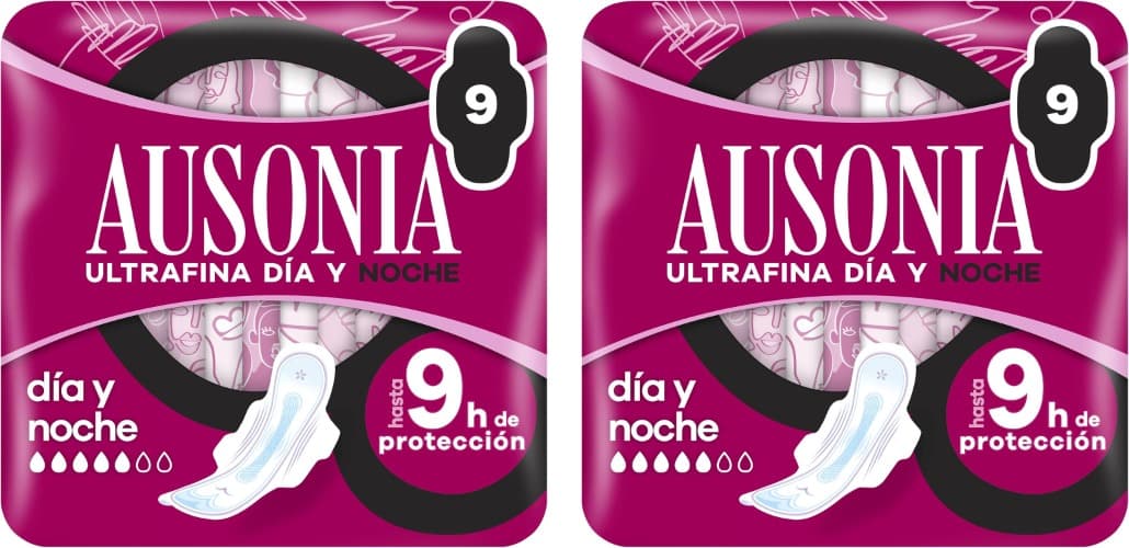 Ausonia Ultra Thin Day & Night | Pensos higiénicos com abas para fluxo muito abundante, 9 unidades x 2
