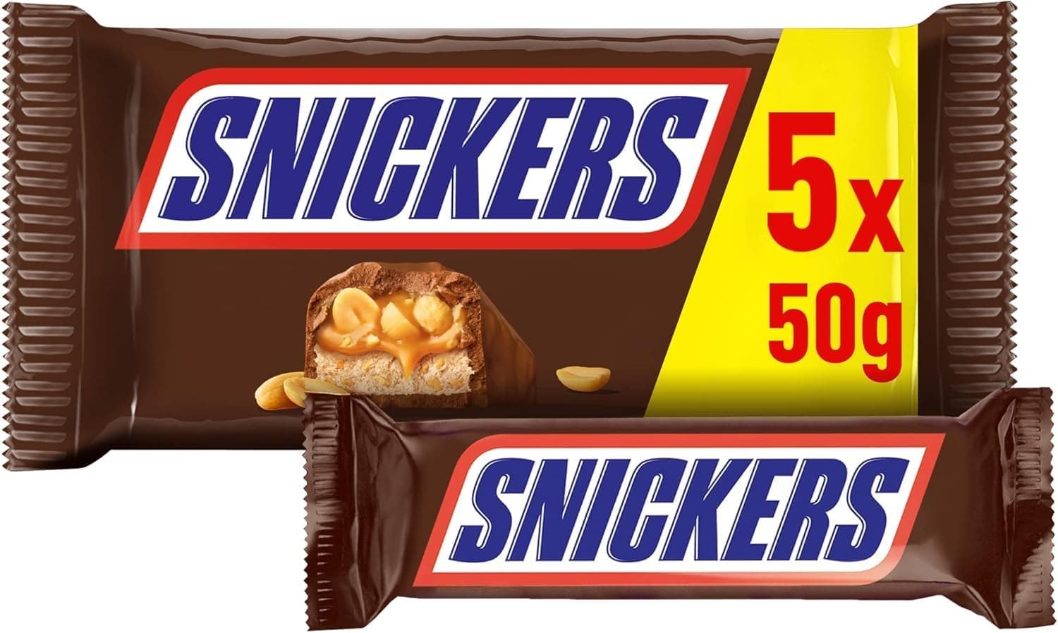 Snickers Chocolatina com creme delicioso de amendoim, caramelo macio e pedaços de amendoim revestidos de chocolate com leite, 5 x 50 g