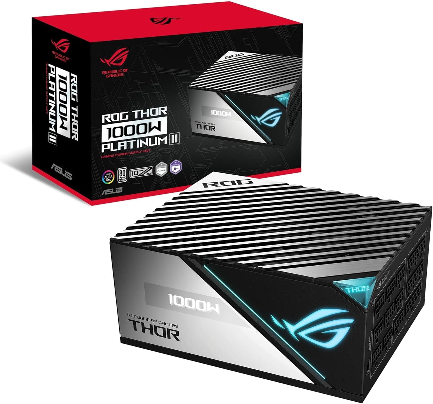 ASUS ROG Thor 1000 W Platinum II Fonte de alimentação modular (1000 Watt, 80+ Platinum, Lambda A++, dissipadores ROG, ventilador PWM de 135 mm, 0dB, ecrã OLED, cabos ajustados, Aura Sync)