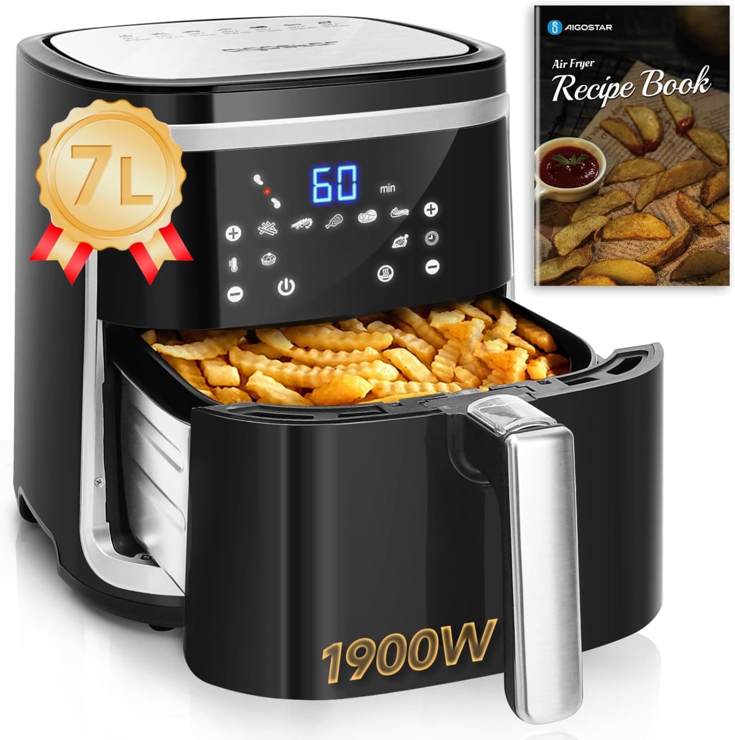 Aigostar Cube - Fritadeira de ar sem óleo 7 litros, 1900 W, 7 funções predefinidas manter quente, modo manual, painel LED táctil. Uso duplo: com cesta ou gaveta. Sem BPA. Livro de receitas incluído