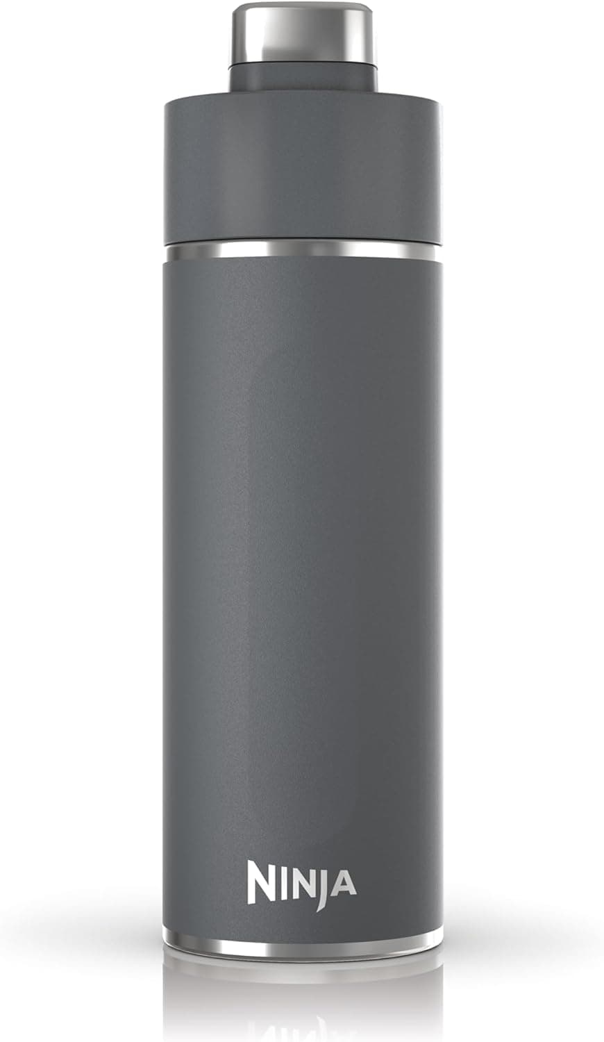Ninja Thirsti garrafa de água de aço inoxidável 530 ml, térmica com tampa anti-gotejamento e isolamento triplo para bebidas com gás, quentes e frias, garrafa desportiva e de viagem, cinzento,