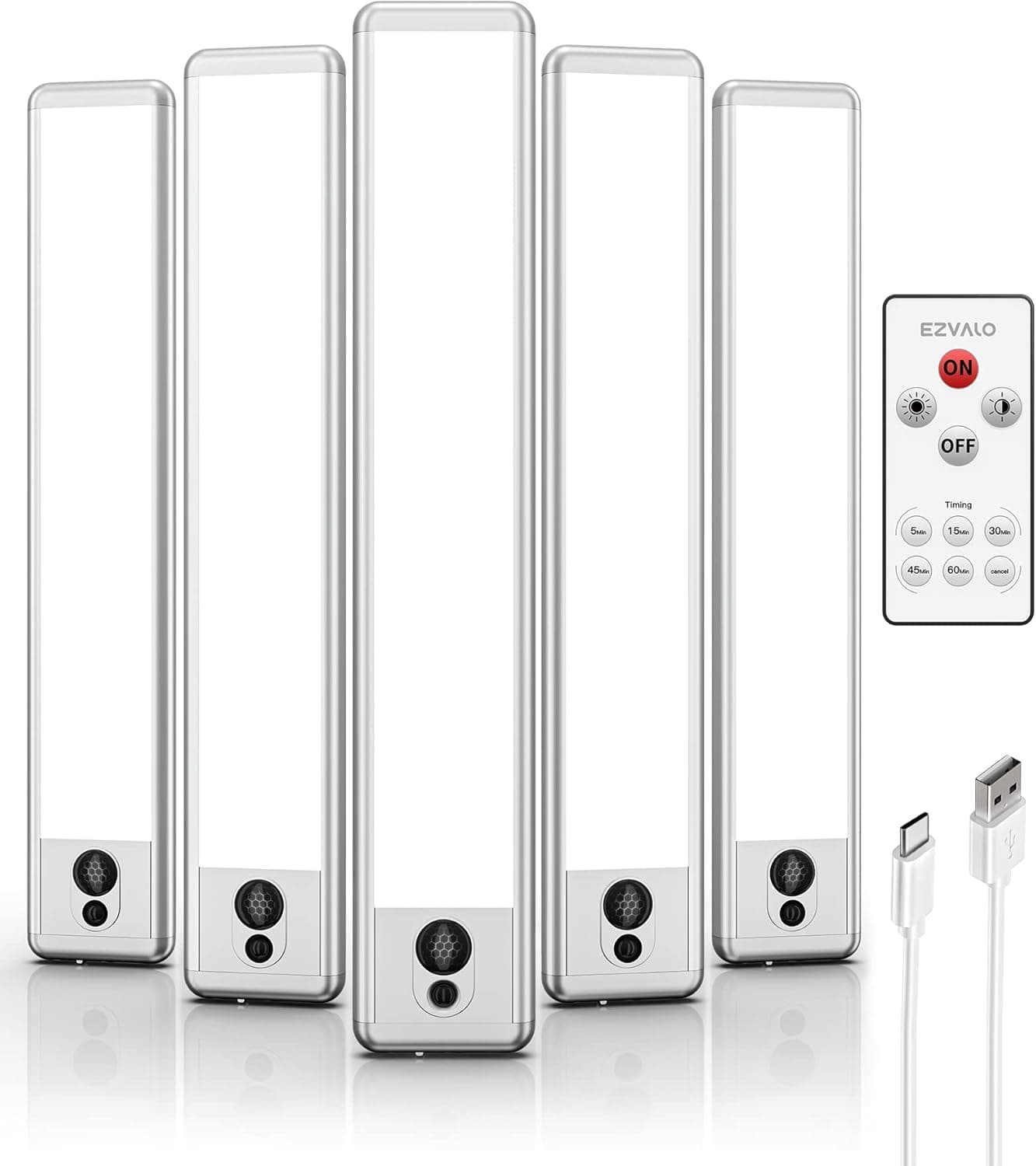 EZVALO Luz LED armário de 23 cm com controlo remoto e sensor de movimento, 1600 mAh luz regulável sob móveis, 5700 K luzes magnéticas para armário, escadas, cozinha (5 unidades)