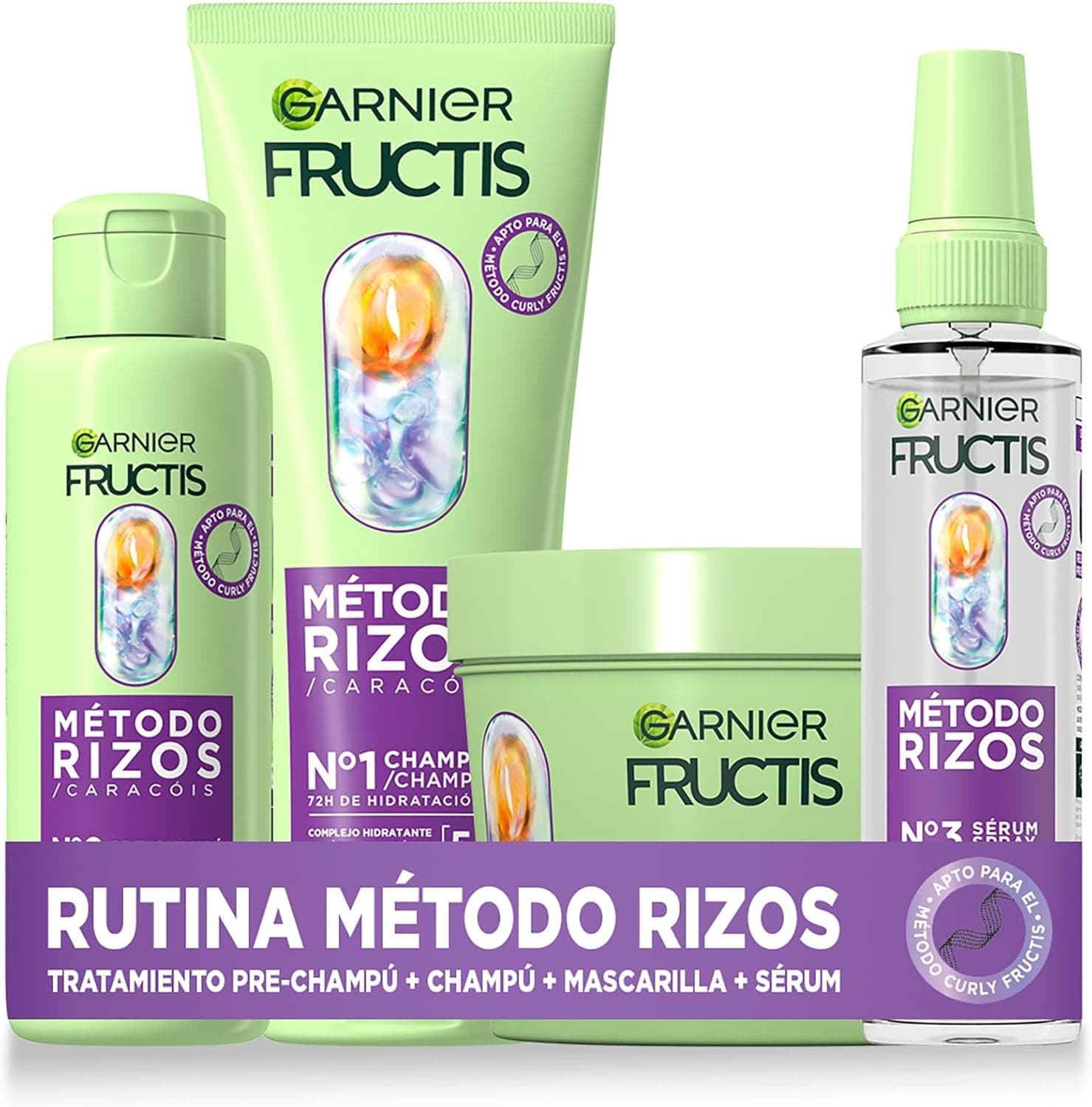 Garnier Fructis Método de caracóis com tratamento pré champô, champô, spray e máscara, rotina para caracóis e ondas definidas, ácido hialurónico e carité, fórmula vegana, 2 x 200 ml + 150 ml + 370 ml