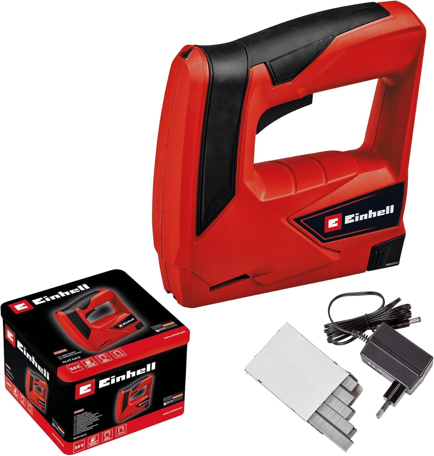 Einhell Agrafador a bateria TC-CT 3,6 Li (3,6 V, 1,3 Ah, 30 disparos/min, ergonómico. Punho suave, nariz de segurança, entrega com caixa de metal, carregador e 1000 grampos)
