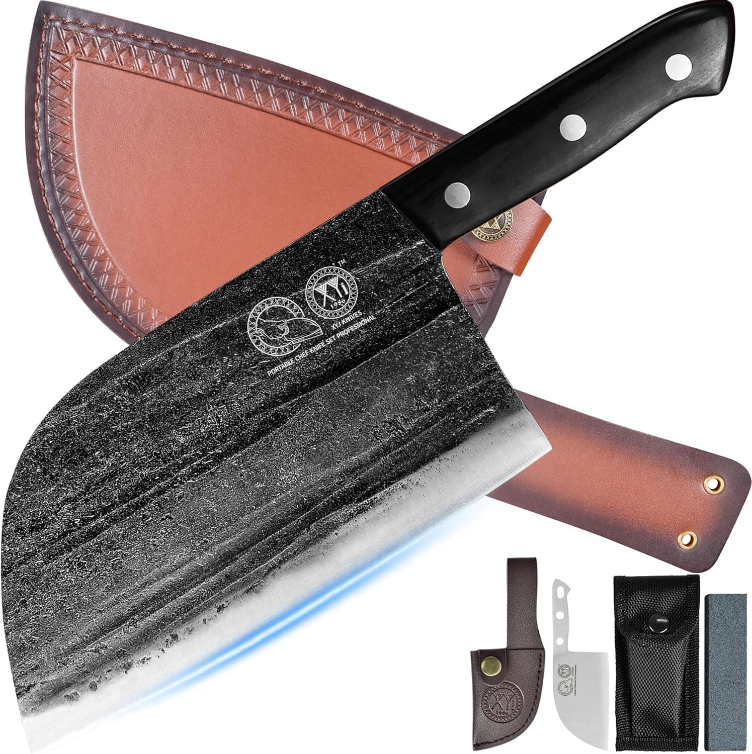 XYJ Whole Tang Dynasty 7.5 Inch | Faca de chef forjada à mão com pinças para carne e bainhas em couro