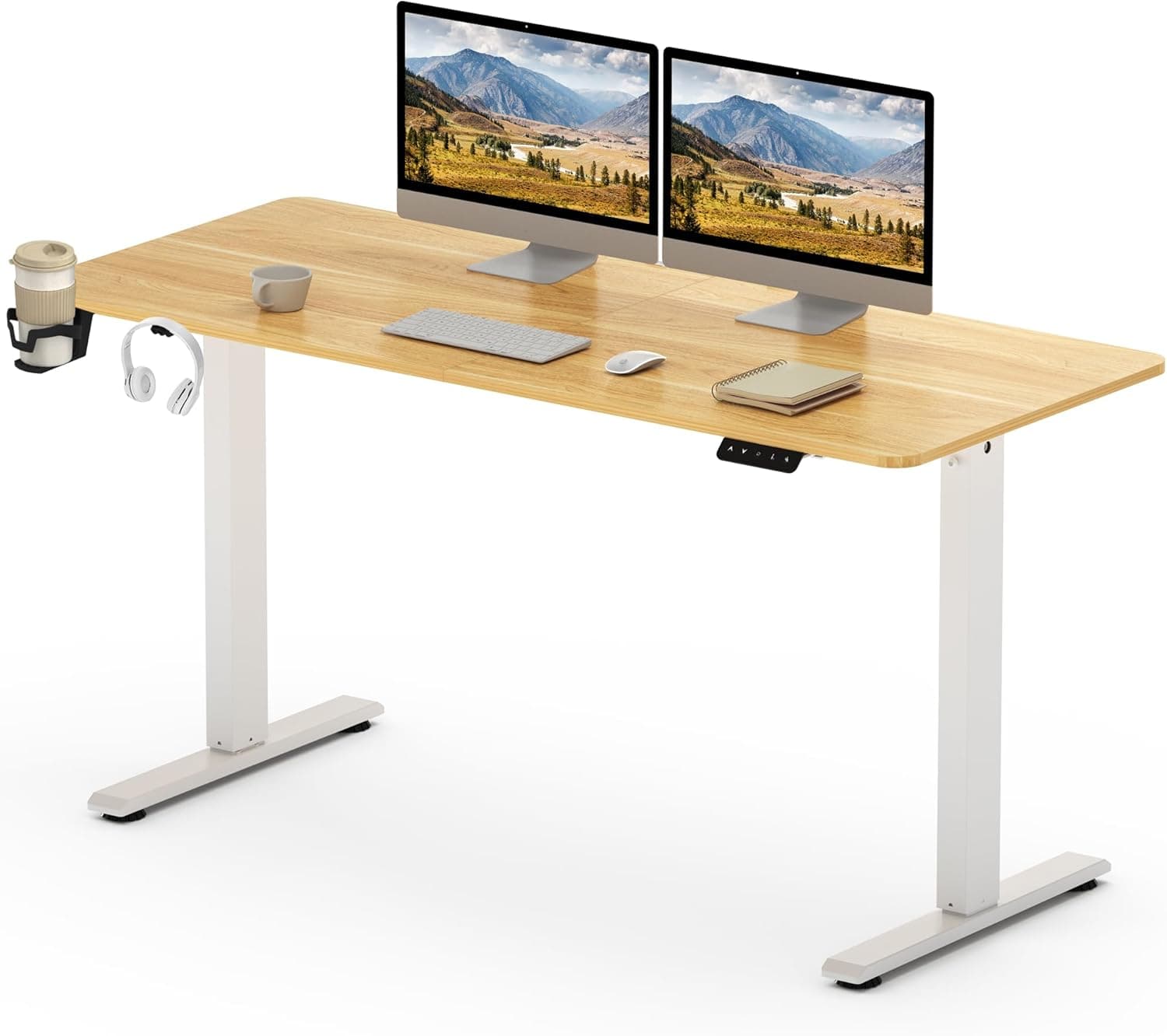 SANODESK Mesa elétrica elevável, 140 x 60 cm, com placa (com gancho / porta-garrafas), Standing Desk, mesa ajustável em altura com painel, função de memória, para trabalho/casa (ácer)