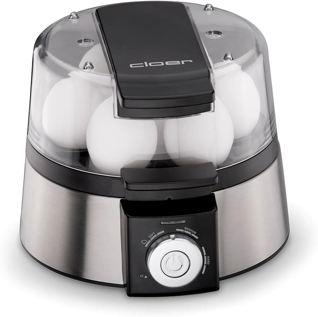 Cloer 6070 Cozedor de ovos elétrico para 7 ovos, continuar a função de cozedura, sinal acústico, 3 inserções para ovos escalfados, 435 watts, aço inoxidável