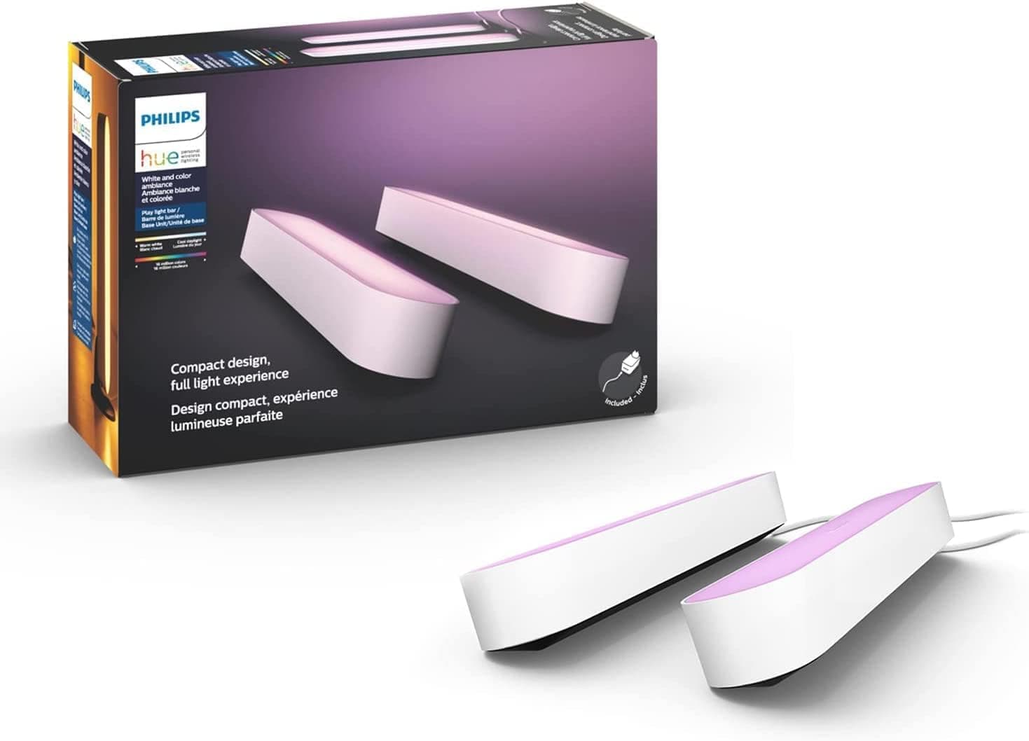 Philips Hue Play Barra de luz regulável compatível com Amazon Alexa, Apple HomeKit e Google Home, luz branca e colorida, requer conexão à ponte Hue, preta, inclui alimentador (2 unidades)