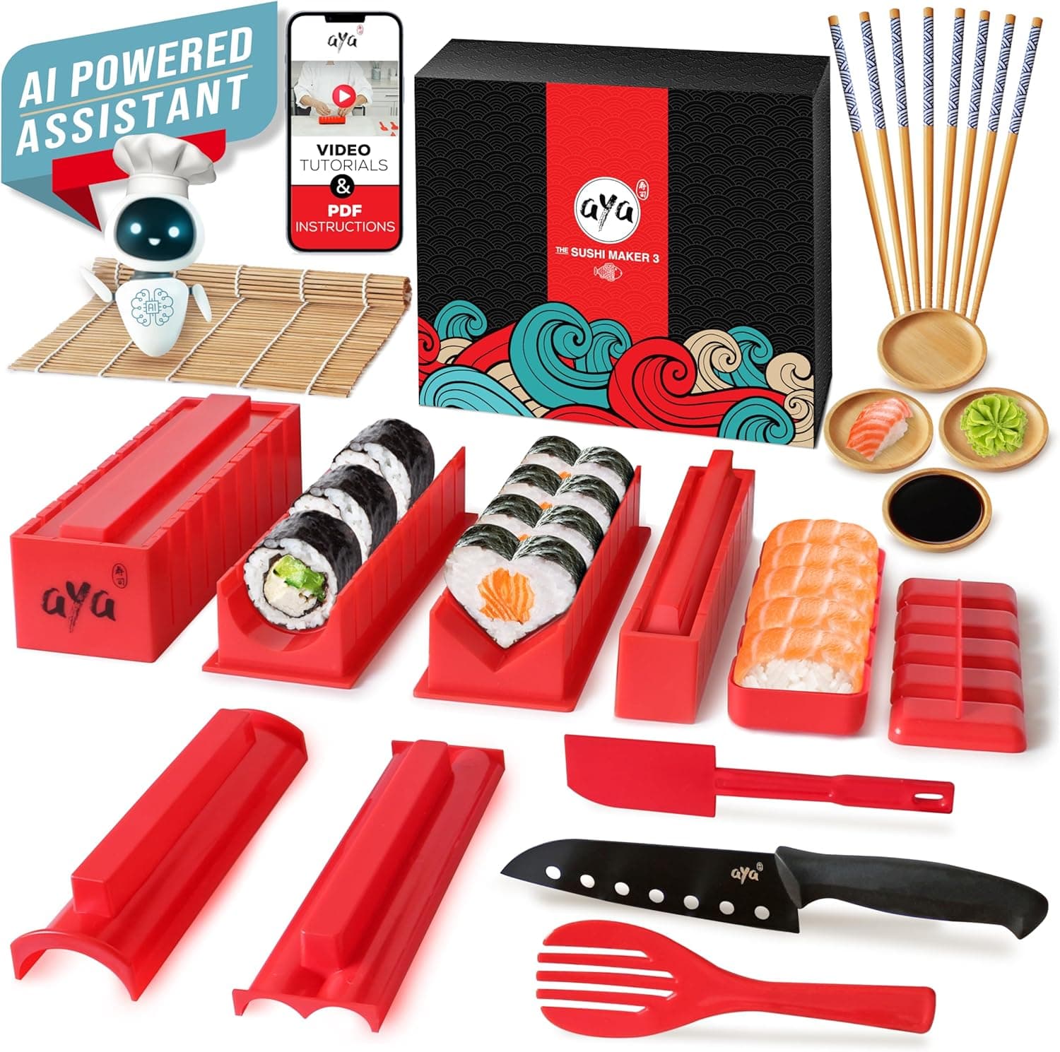 Aya Sushi Maker 3 - Assistente de IA - Receitas - 25 peças - Utensílios para fazer sushi - tutoriais em vídeo - kit com faca de sushi e tapete de bambu - fácil e divertido - Maki Nigiri