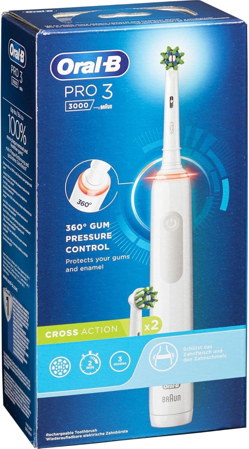 Escova de dentes elétrica recarregável Oral-B branca Pro3 3000, 2 escovas de dentes