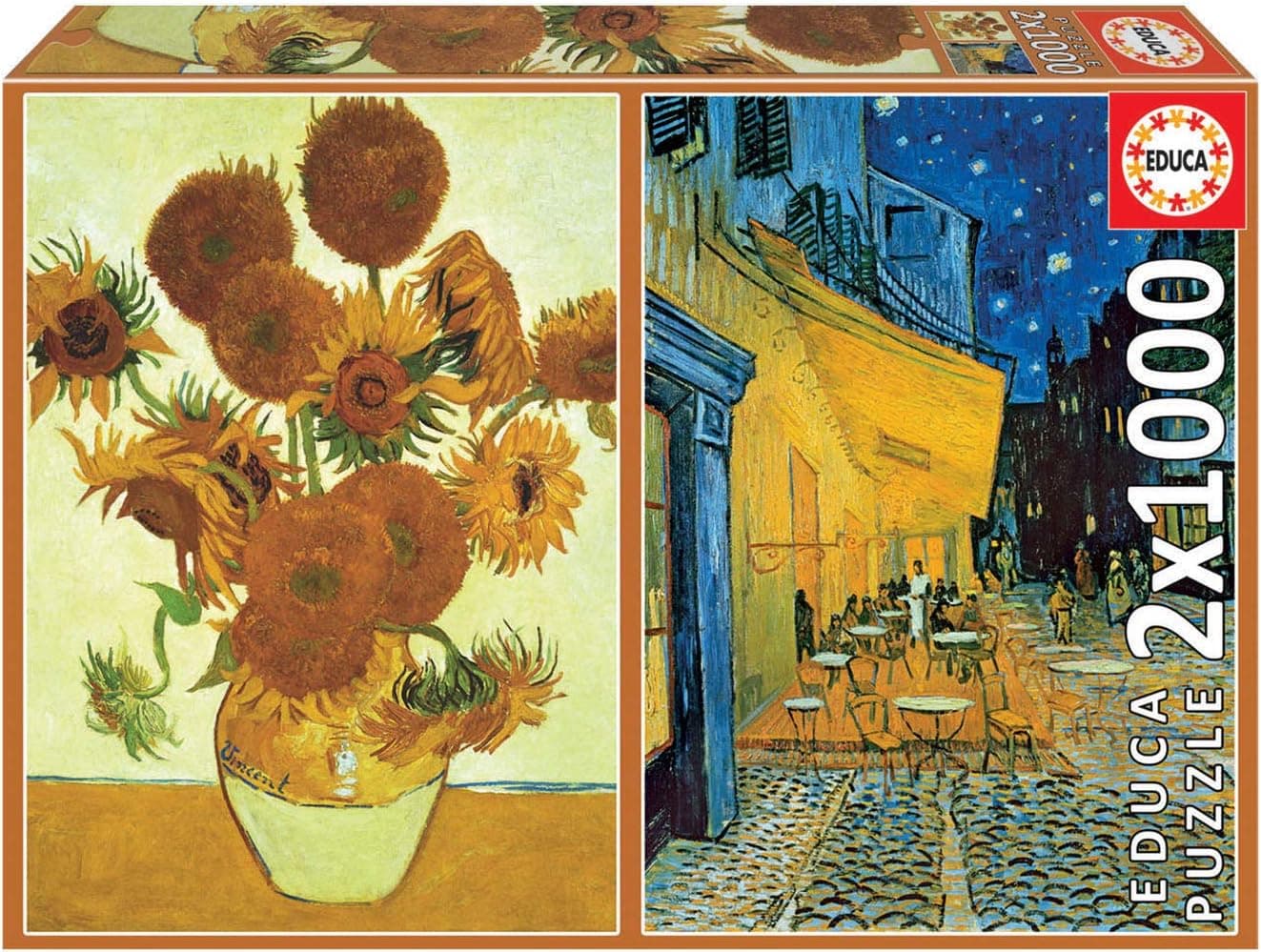 Educa - Conjunto de 2 puzzles de 1000 peças para adultos | série Art Collection | Os girassóis e terraço de café à noite de Vincent Van Gogh (18491)