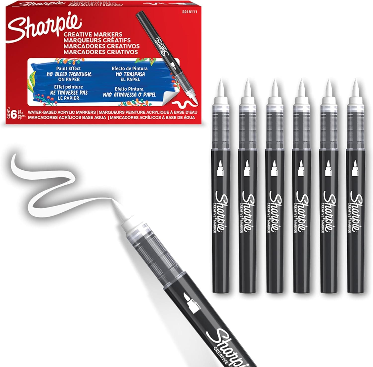 Sharpie | Conjunto de 6 marcadores acrílicos brancos com ponta de pincel para múltiplas superfícies