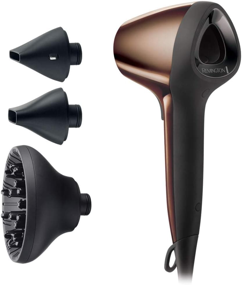 Remington Secador de cabelo Air 3D, fluxo de ar 3D, íónico, cabelo sem crespamento, 1800 W, 2 concentradores, 1 difusor, 3 temperaturas, 2 velocidades, gancho para pendurar, bronze, D777
