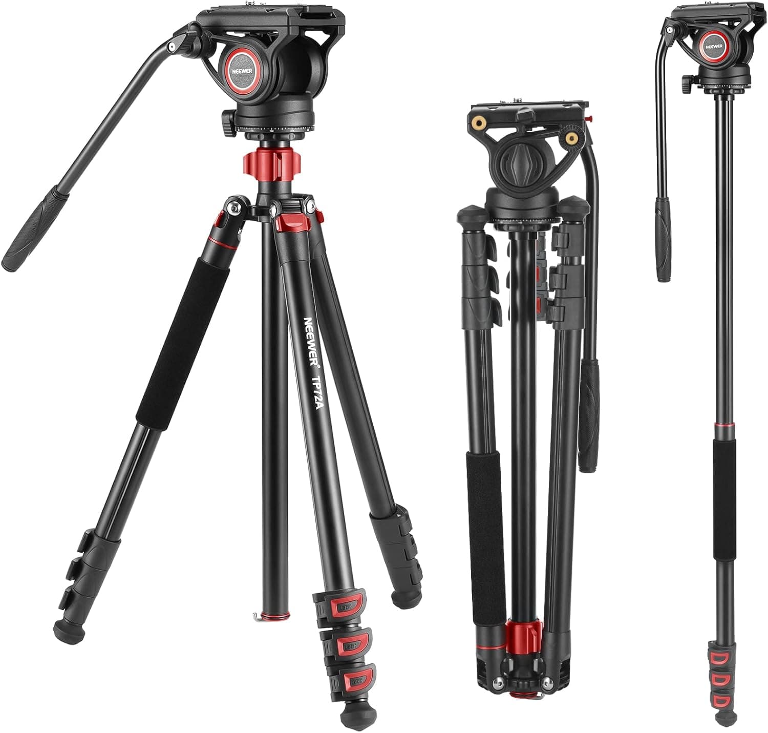 NEEWER 72" Tripé monopé de vídeo com cabeça fluida, placa QR de liga de alumínio compatível com dji RS Gimbal, 360° Pão e inclinação de 90°/-70° para DSLR, carga máxima: 8 kg, TP72A