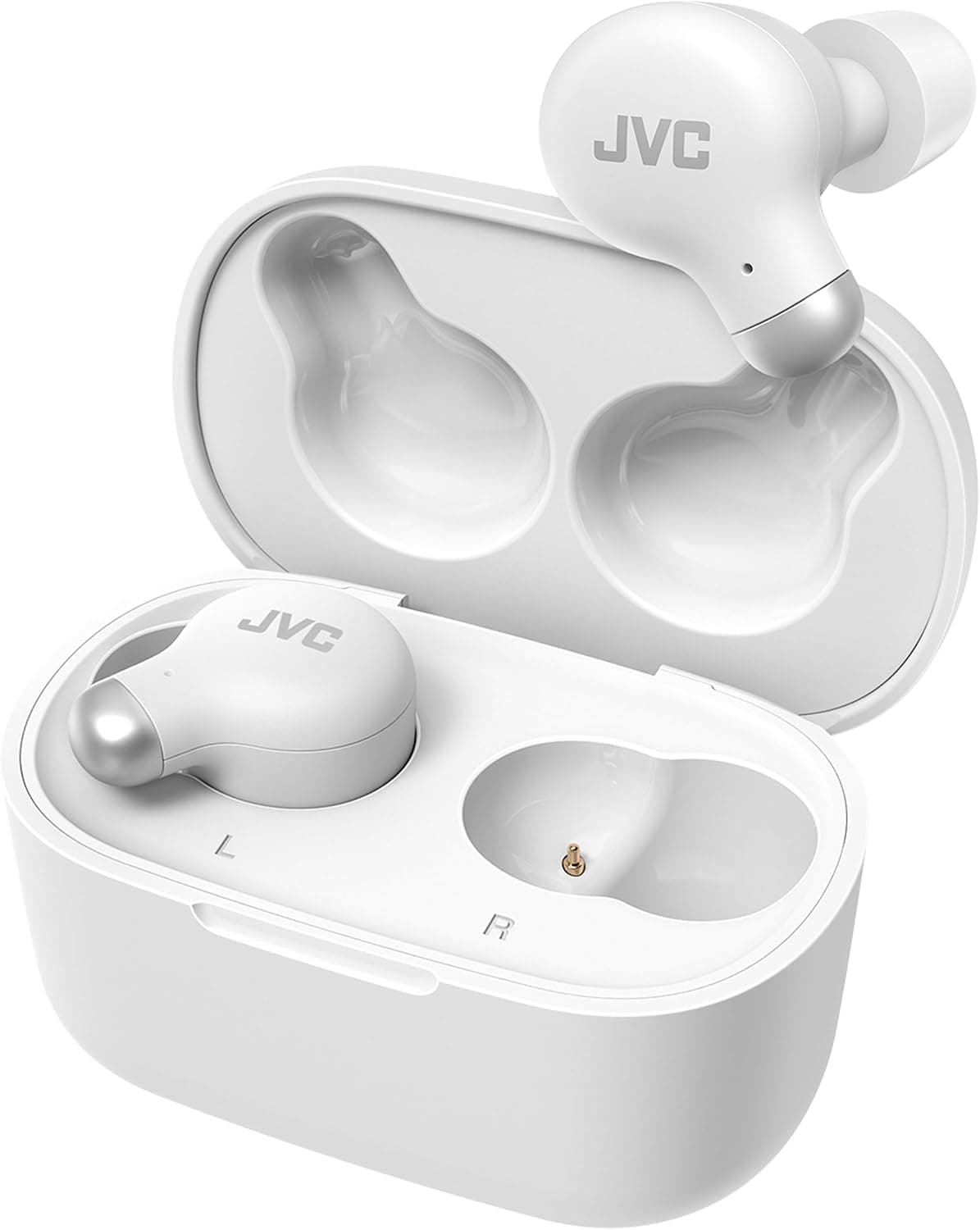 JVC HA-Z250T Auriculares sem fios com Bluetooth 5.3, 28 horas de bateria, certificação IPX4, apenas 5,1 g de peso, cancelamento de ruído, 3 pares de almofadas de silicone e 2 de espuma, branco
