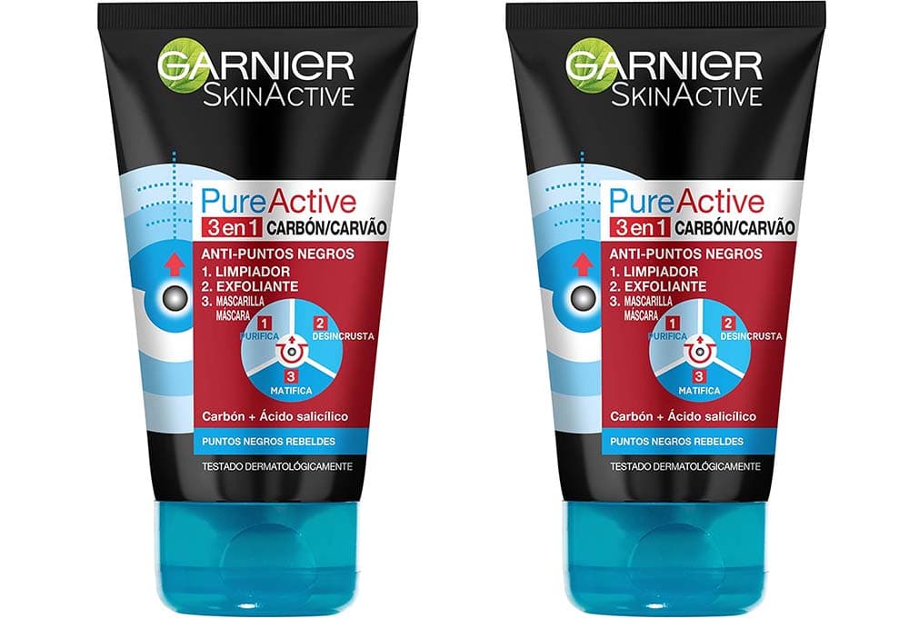Garnier Skin Active - Pure Active, Esfoliante Facial 3 em 1 e Gel de Limpeza de Poros com Carvão, 150 ml x 2