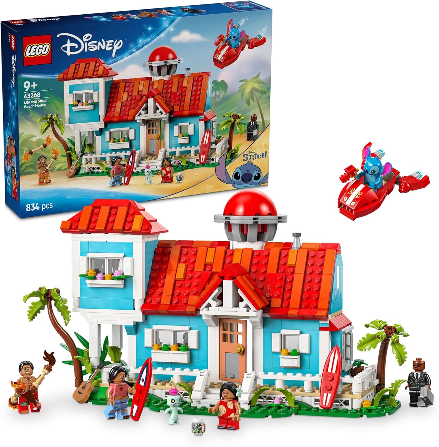 LEGO TIENDAEURASIA Disney Casa na praia de lilás e Stitch de brinquedo com 6 quartos, observatório, nave espacial, 5 minifiguras, prancha de surf e mais, presente de aniversário para meninas e meninos