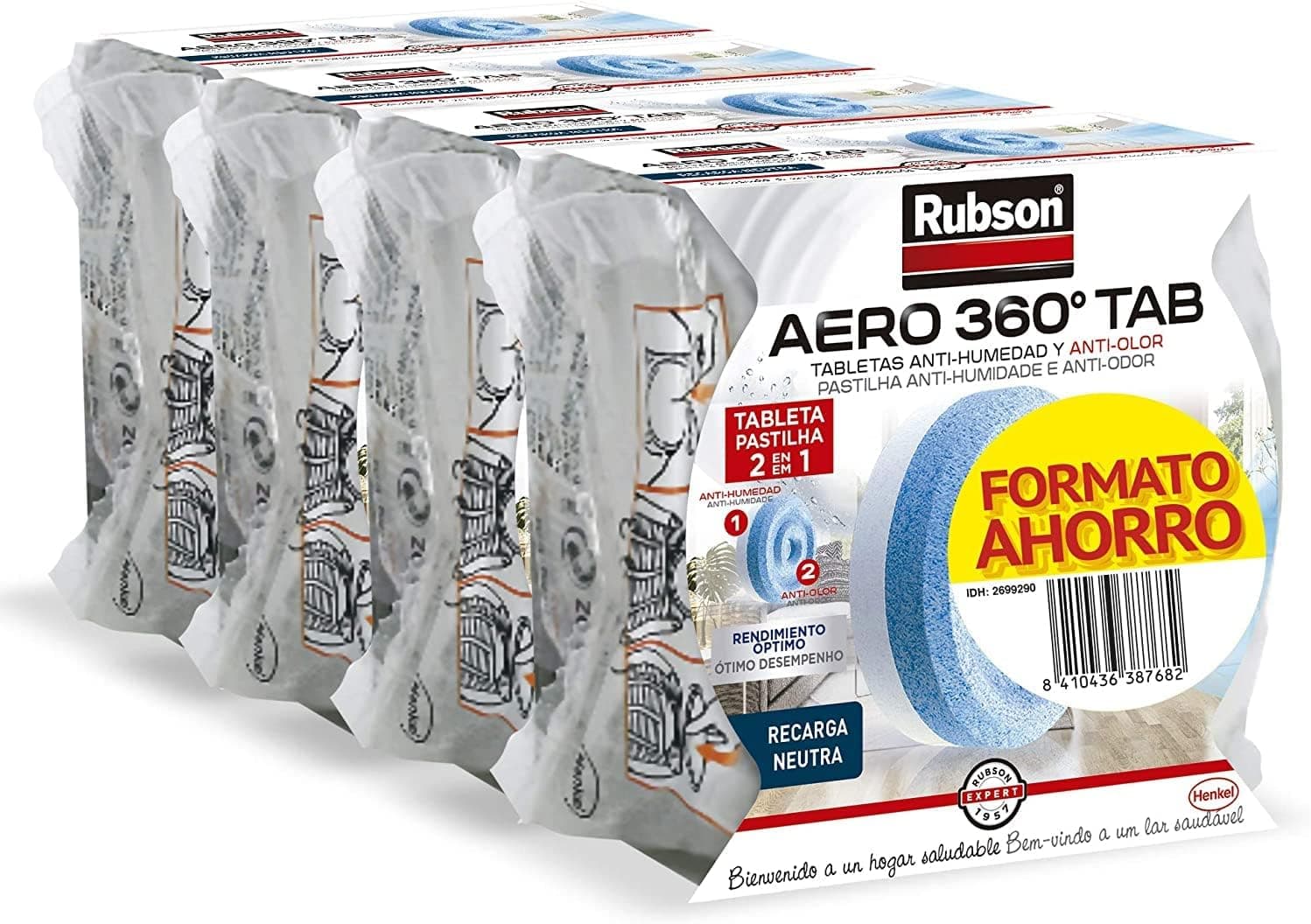 Rubson AERO 360° | Recargas neutralizadoras de odores e humidade para desumidificador, 4 unidades de 450 g