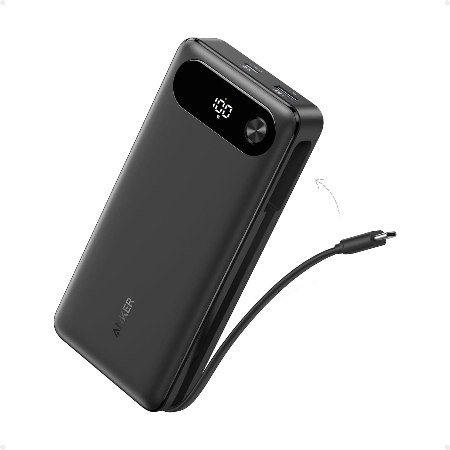 Anker Carregador portátil de 20.000 mAh com cabo USB C integrado, bateria de carregamento rápido de 87 W, 2 USB-C e 1 USB-A, para MacBook, iPhone 15/14 Series, Samsung, Switch e muito mais