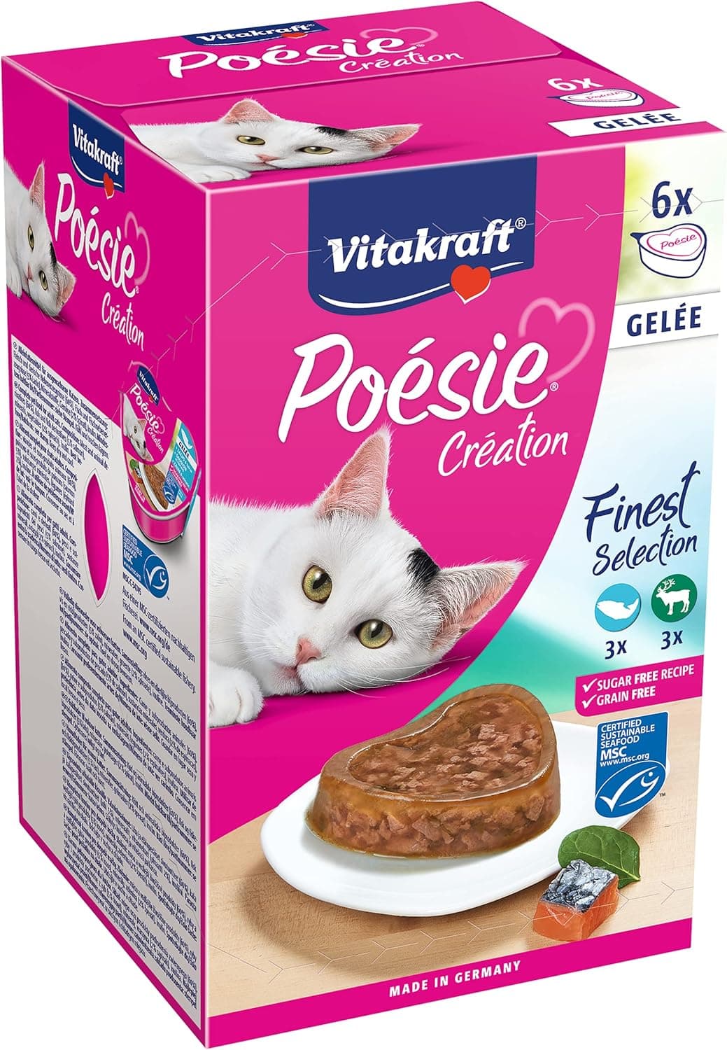 Vitakraft Poésie Création, Finest Selection, comida húmida para gatos, gelatina, salmão e espinafre, alimento húmido para gatos adultos, sem adição de açúcar ou cereais (1 embalagem de 6 x 85 g)