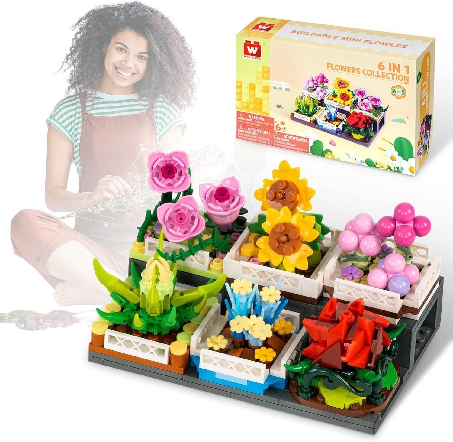 W WISE BLOCK Flores plantas, conjunto de blocos bonsai Bouquet, coleção de plantas, decoração de casa, presentes de aniversário para meninas e mulheres
