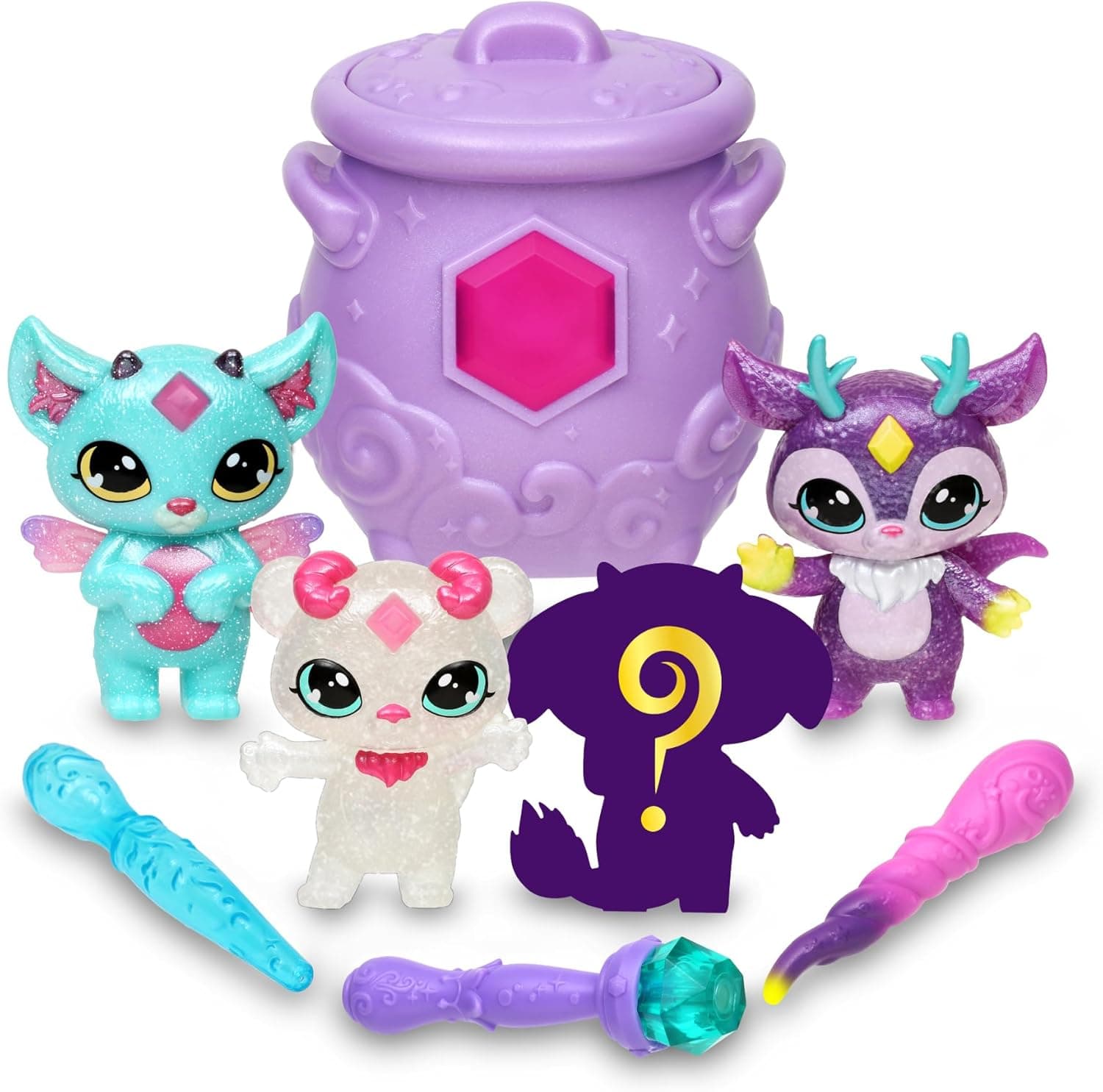 Magic Mixies - Magic Mixlings Mega Pack, caldeirão mágico e 4 bonecos Mixies brilhantes, 1 figura surpresa, 3 varinhas mágicas, brinquedos colecionáveis, meninos e meninas + 4 anos, famosa (MG002000)