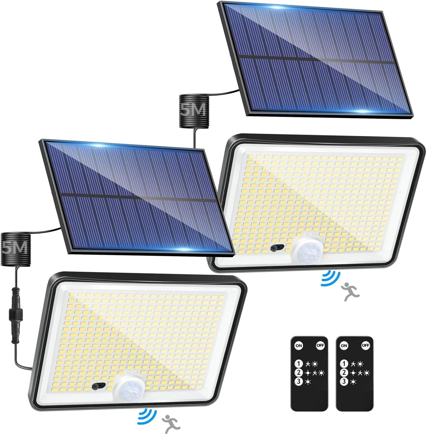 LOTMOS 2 pacotes luz solar exterior jardim, 342 LED/comando à distância holofotes LED solares sensor de movimento, IP65 candeeiro solar impermeável, 3 modos luzes solares LED exterior jardim, garagens 